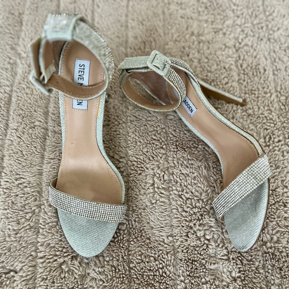 Steve Madden Heeled Sandal Silver Rhinestoned Strappy Ankle Strap Spike Heel 8 - Picture 6 of 16